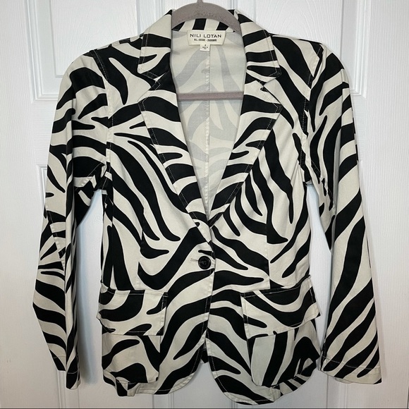 NILI Lotan Zebra Print White & Black Addison Blazer Cotton Blend 0 - Picture 4 of 9